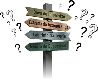 Placa de sinalização com as setas Beco do Improviso, Estrada da Insegurança, Labirinto da Teoria e Deserto de Supervisão